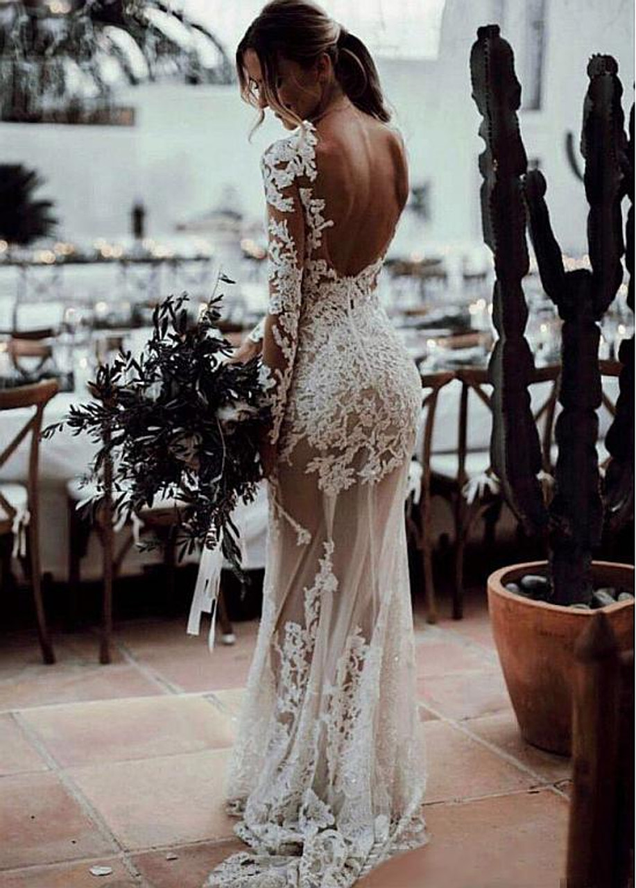 long sleeve open back wedding dress